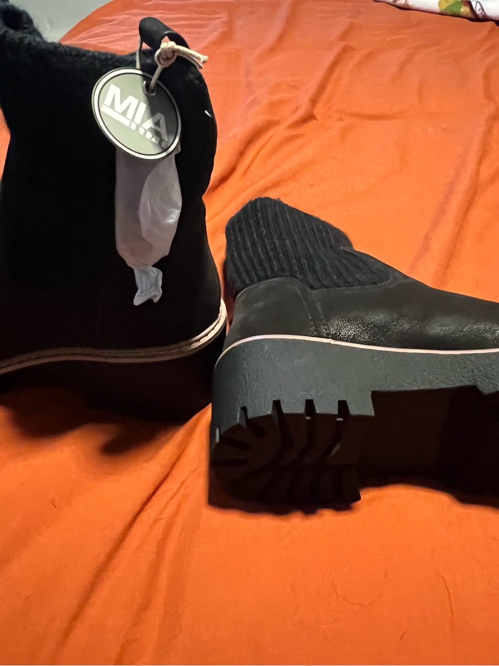 MIA Black Ribbed Chelsea Lug Boots with Pink Welt Accent